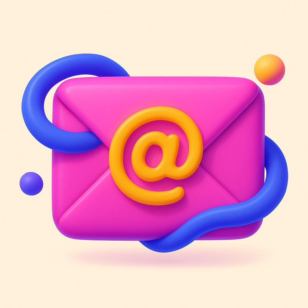 A colorful 3D illustration of an envelope with an '@' symbol, surrounded by playful shapes.