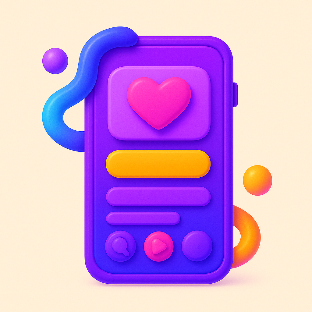 A colorful 3D representation of a smartphone interface decorated with vibrant buttons and shapes.