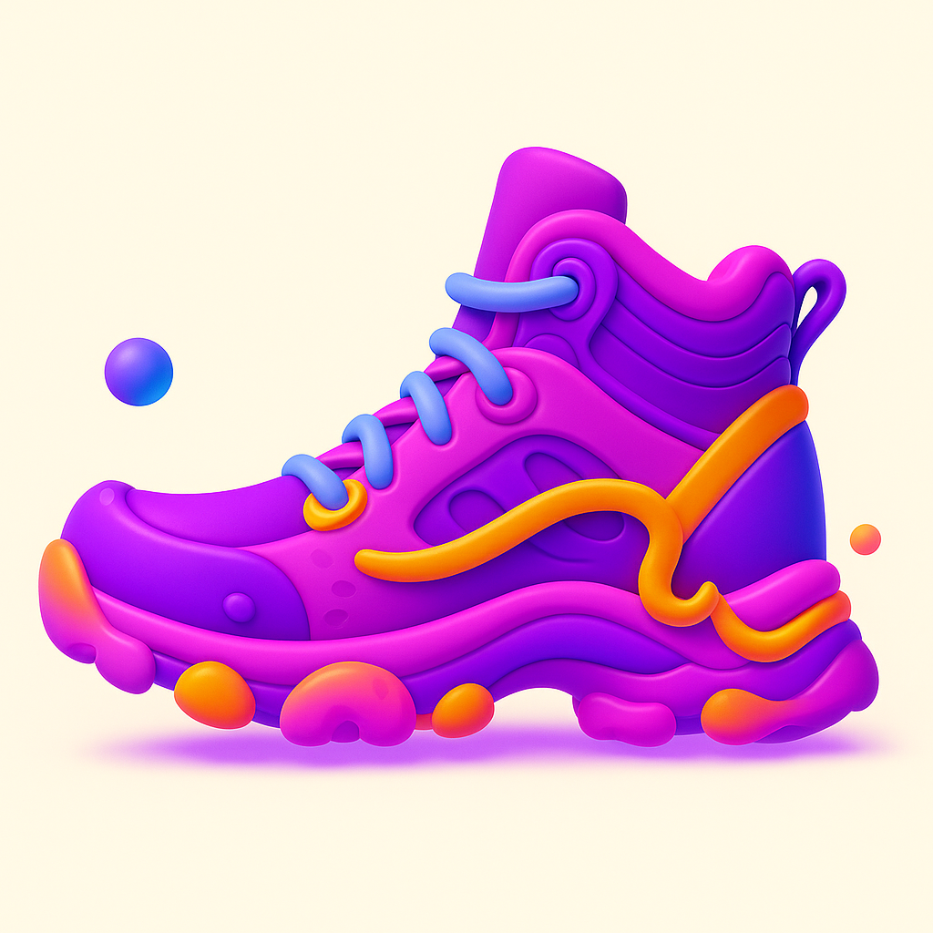 A colorful, stylized sneaker in vibrant shades of purple, pink, and orange, depicted in a playful, cartoon-like design.